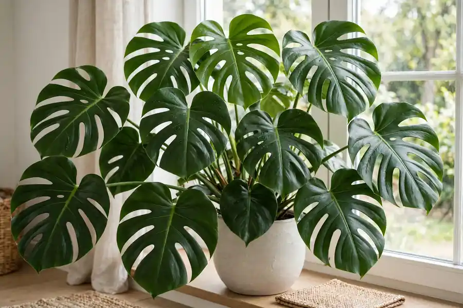 Large Monstera deliciosa with split glossy leaves in a pot near a window
