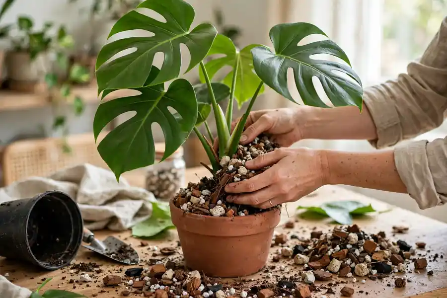 Hands repotting a monstera into a larger pot with fresh potting mix