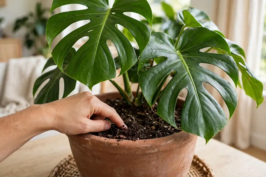 Hand testing the soil of a monstera pot with a finger