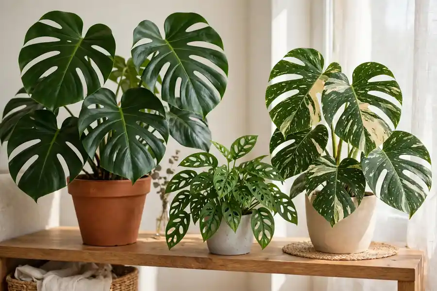 Monstera deliciosa, Monstera adansonii and a variegated Thai Constellation monstera side by side