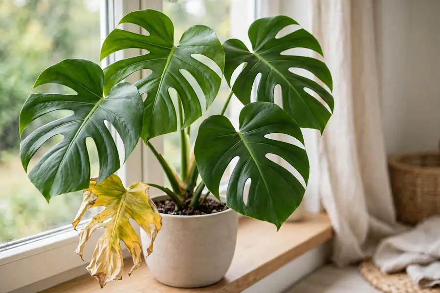 Monstera plant with one yellow lower leaf among green leaves