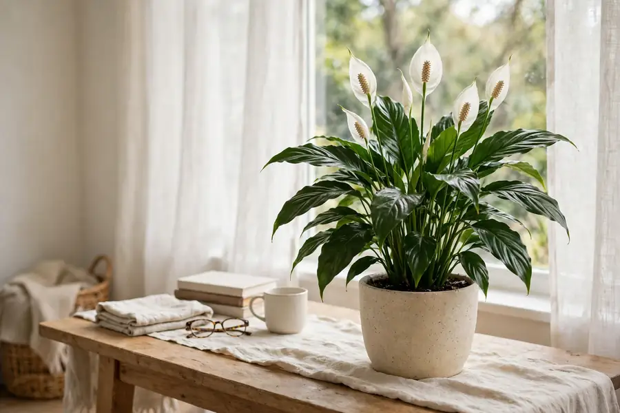 Peace lily on a table near a window with a sheer curtain