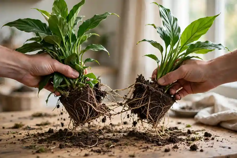 Peace lily root ball divided into two clumps with leaves and roots