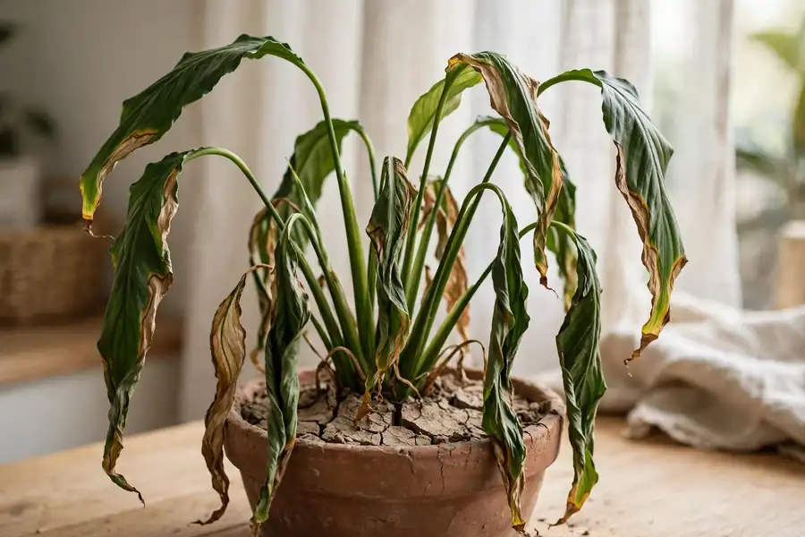 Peace lily with drooping leaves in a pot