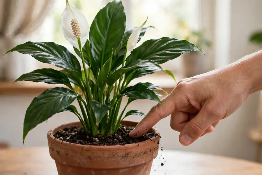 Hand testing the soil of a peace lily with a finger