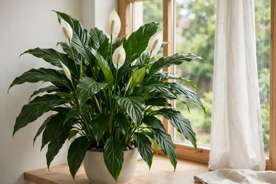 Healthy peace lily with glossy green leaves and white blooms in a pot near a window