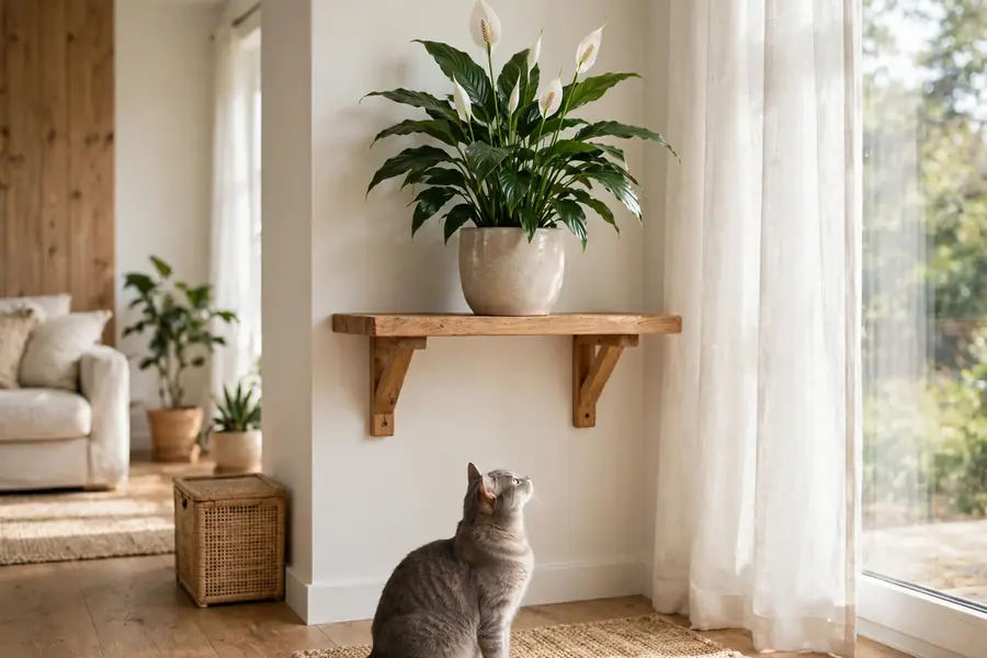 Peace lily on a high shelf with a cat sitting below it