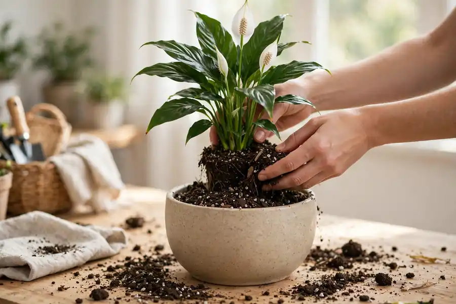 Hands repotting a peace lily into a slightly larger pot with fresh mix