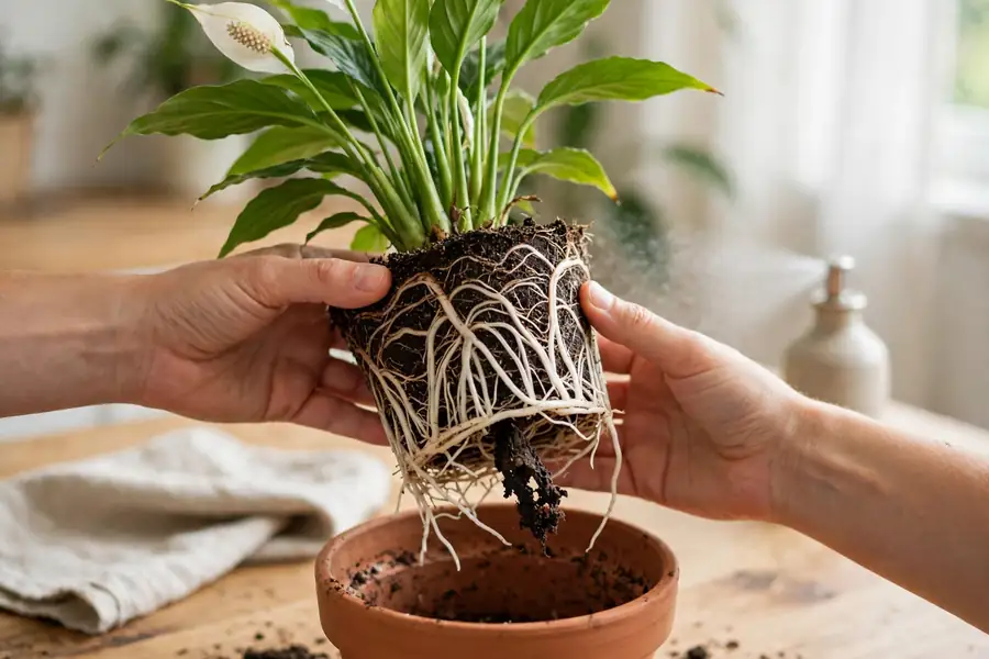 Peace lily lifted from its pot showing white healthy roots and one dark rotted root