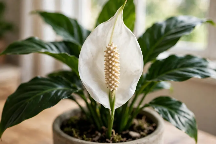 Close-up of a white peace lily spathe around a cream spadix