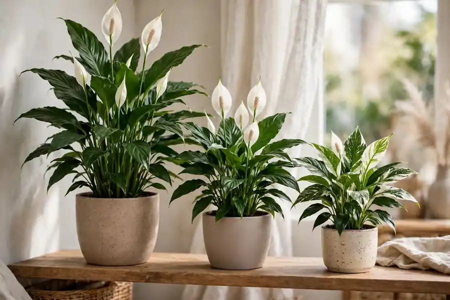 Three peace lilies of different sizes side by side, one with variegated leaves