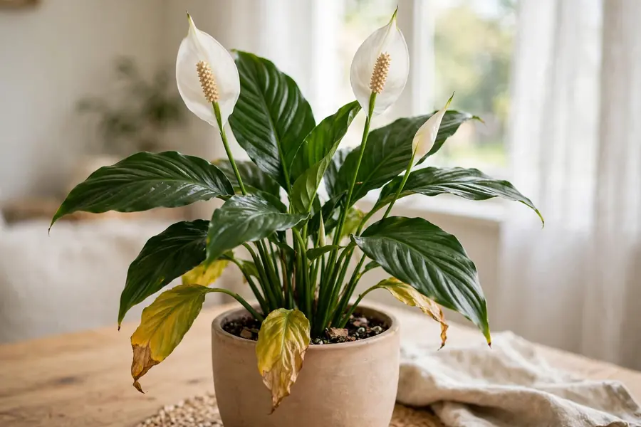 Peace lily with a few yellowing lower leaves among green leaves