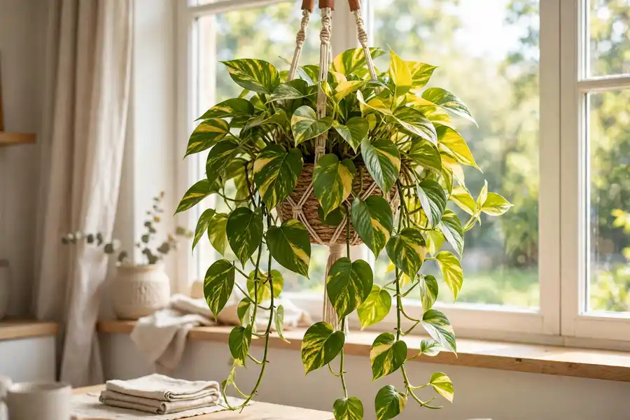 Golden pothos trailing from a hanging basket near a bright window