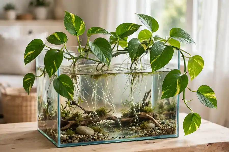 Pothos vine over a fish tank rim with roots in the water and leaves above