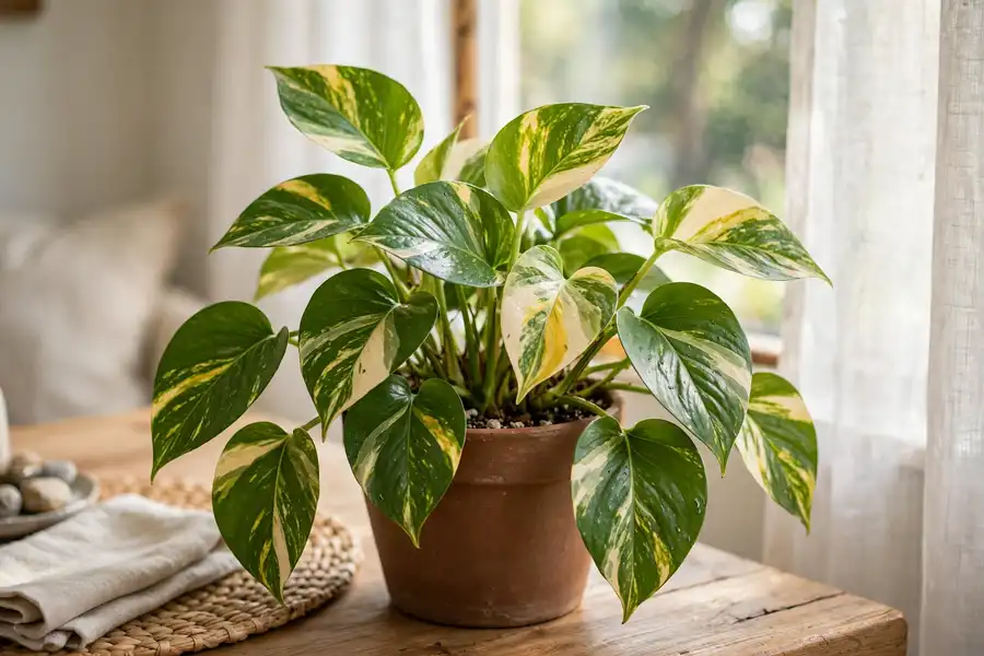 Pothos on a table near a window with a sheer curtain