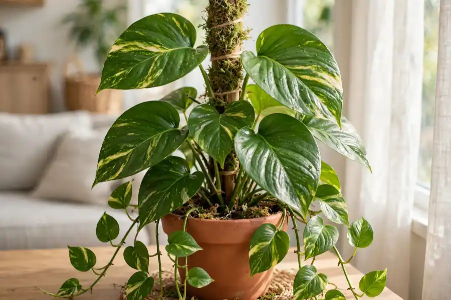 Pothos climbing a moss pole with larger leaves