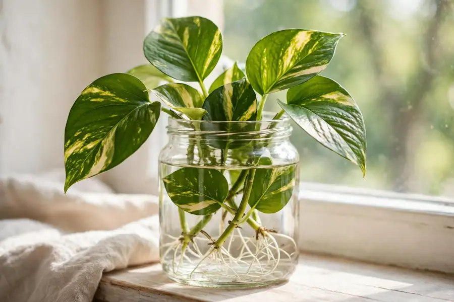 Pothos cuttings in a glass jar of water with white roots from the nodes