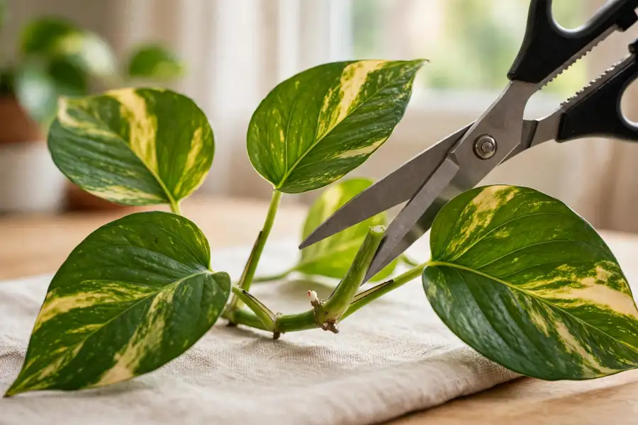 Scissors cutting a pothos vine just above a node with a small root nub