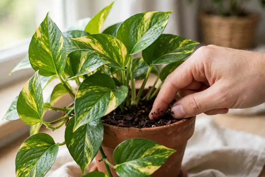 Hand testing the soil of a pothos pot with a finger
