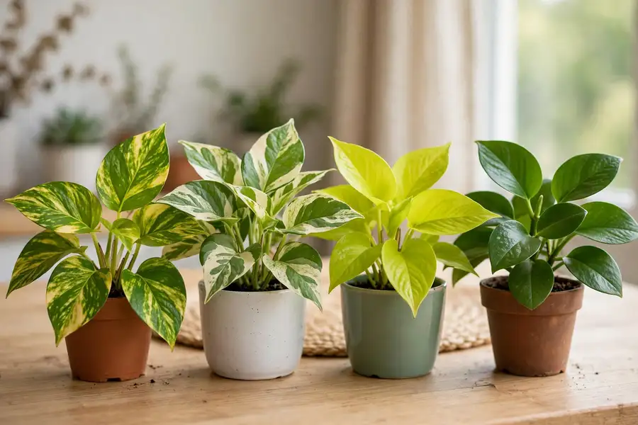 Golden, Marble Queen, Neon and Jade pothos in small pots side by side