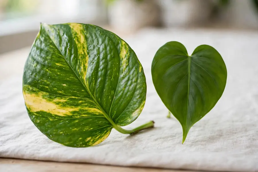 Waxy streaked pothos leaf beside a thin solid green heartleaf philodendron leaf