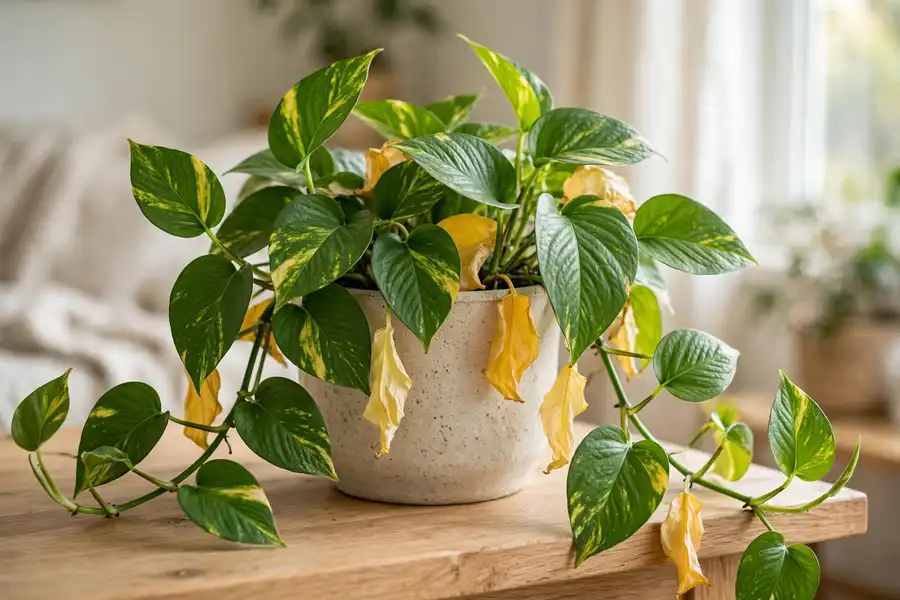 Pothos with a few yellow leaves among healthy green leaves