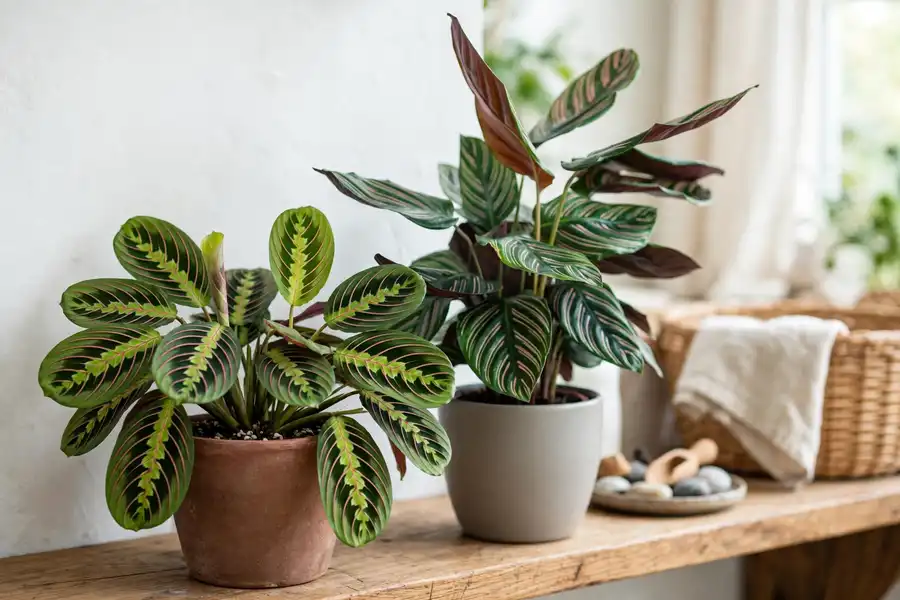 Low spreading prayer plant beside a taller upright Calathea