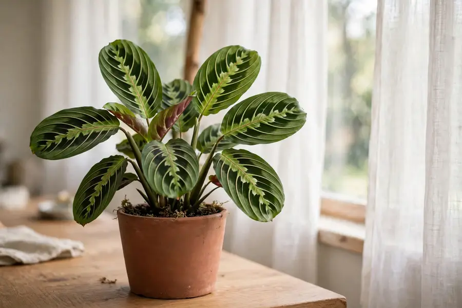 Prayer plant near an east window with sheer curtains