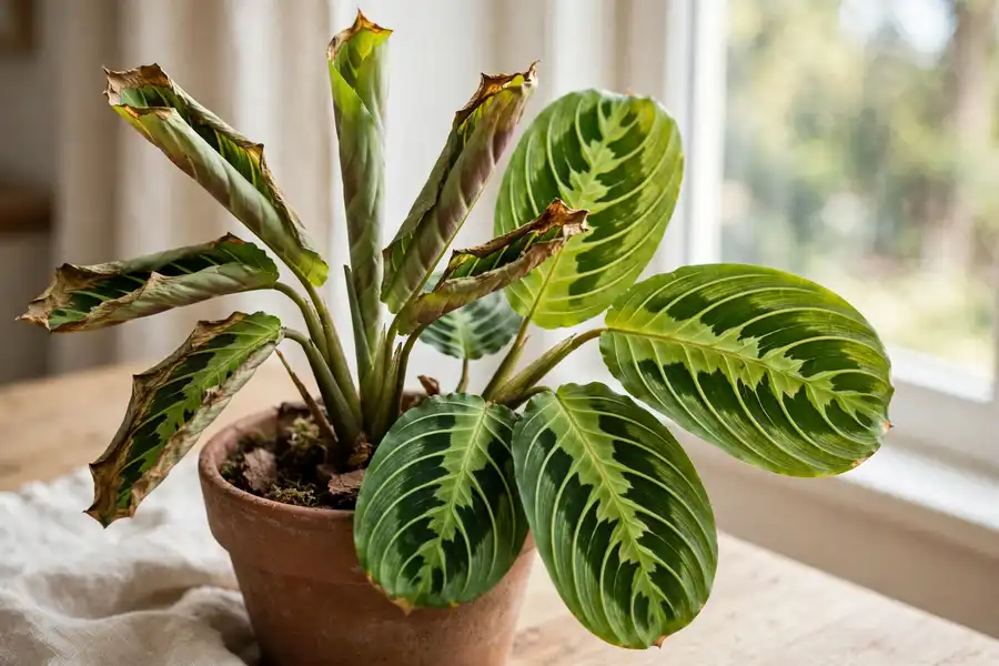 Prayer plant with curled leaves and brown crispy edges