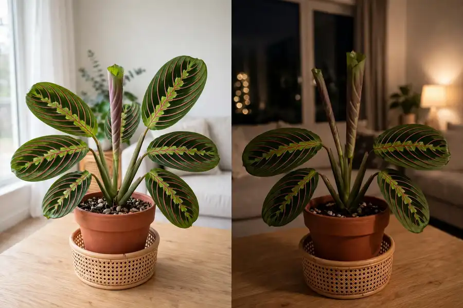 Prayer plant with leaves open in daylight and folded upward at night