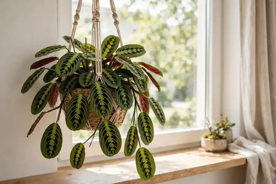 Prayer plant in a hanging basket with trailing stems