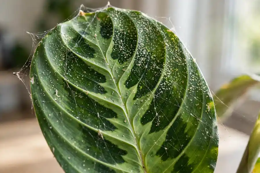 Prayer plant leaf with fine webbing and pale speckles from spider mites