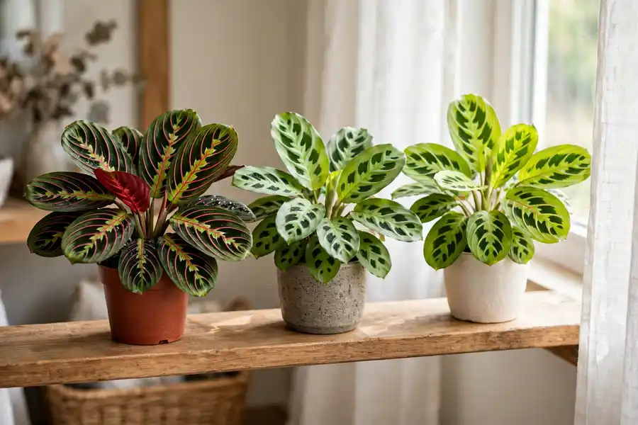 Red, green and lemon lime prayer plants in three pots side by side
