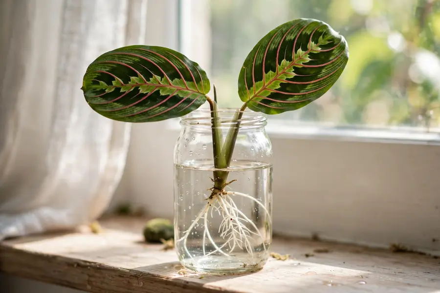 Prayer plant stem cutting rooting in a glass of water at the node