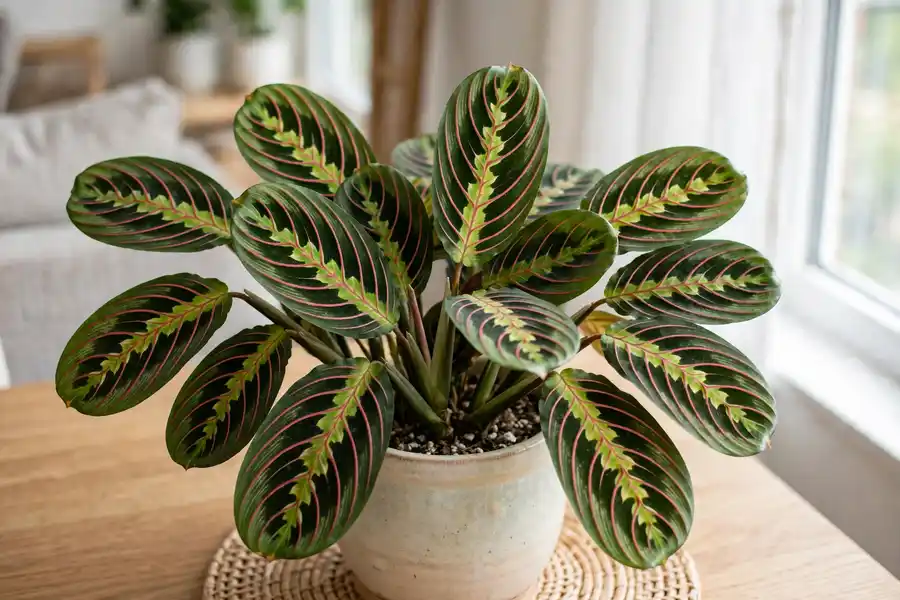 Red prayer plant with dark green leaves and red veins in a pot