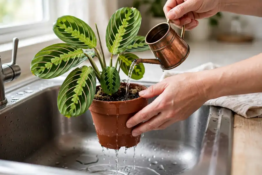 Hands watering a prayer plant with a small can until it drains