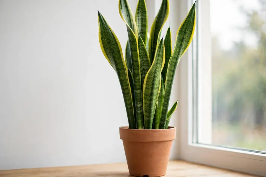 Tall snake plant with yellow-edged leaves in a terracotta pot beside a bright window