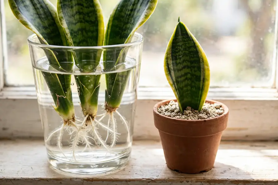 Snake plant leaf cuttings rooting in water and in soil