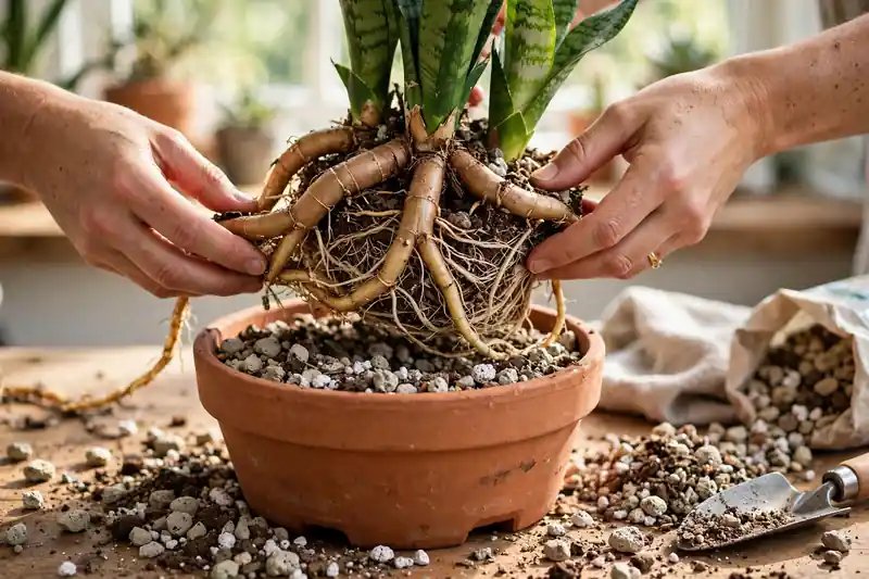 Hands repotting a snake plant into a larger pot with fresh gritty soil