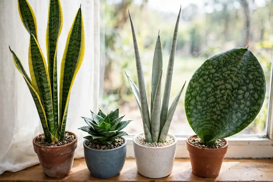Several snake plant varieties in small pots on a bright windowsill