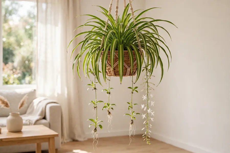 Mature spider plant in a hanging basket with runners, tiny white flowers and baby plantlets
