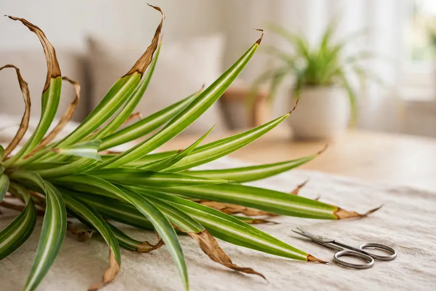 Close-up of spider plant leaves with brown tips beside healthy leaves and small scissors