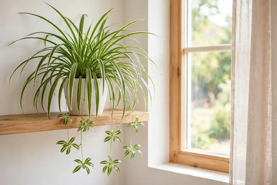 Healthy variegated spider plant with dangling baby plants on a shelf by a bright window