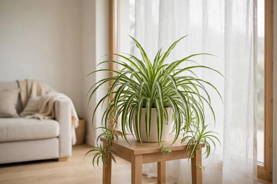 Spider plant placed a few feet from a bright window with a sheer curtain