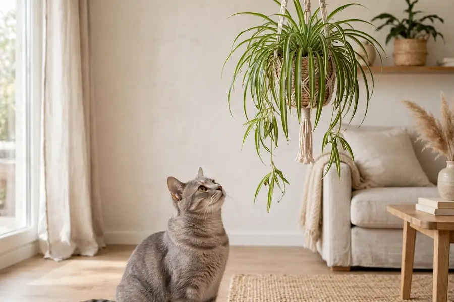 Cat looking up at a hanging spider plant with dangling leaves in a living room