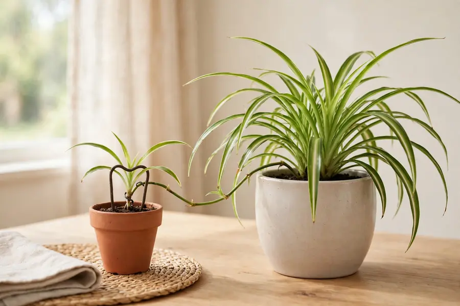 Spider plant baby pinned with a wire into a small pot of soil beside the mother plant
