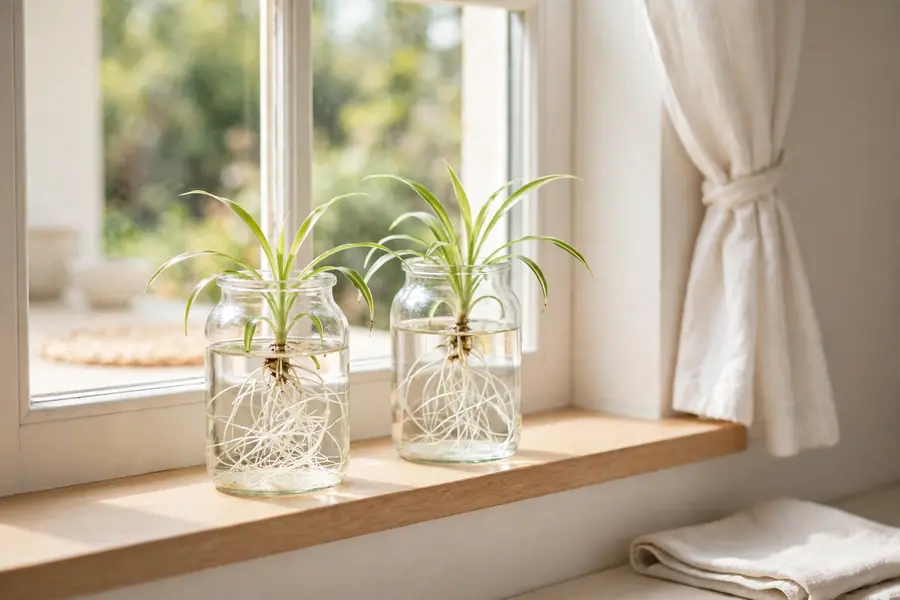 Two spider plant babies rooting in clear glass jars of water on a windowsill
