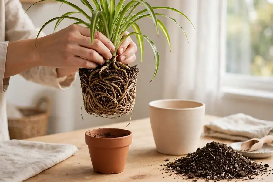 Hands lifting a root-bound spider plant from its pot beside a larger new pot and fresh potting mix