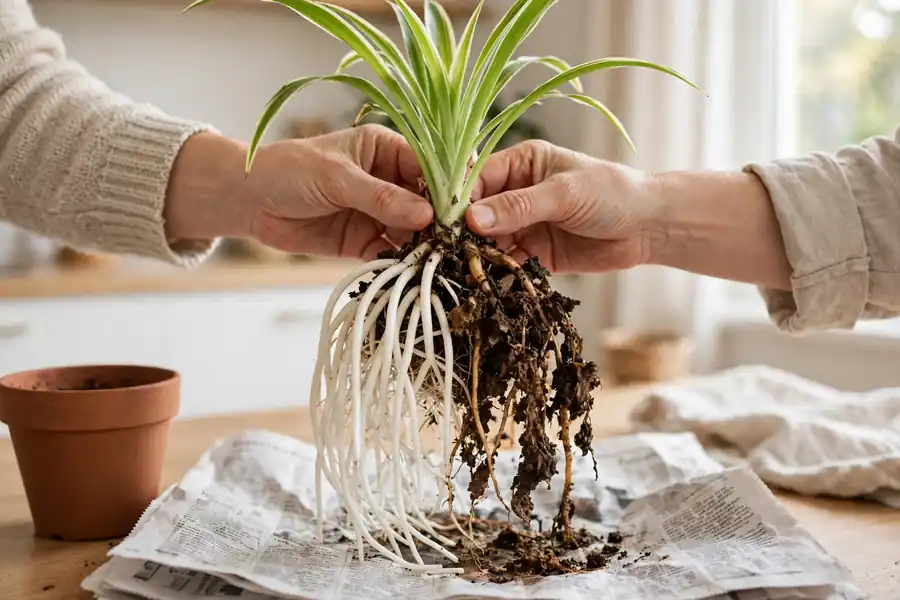 Spider plant out of its pot showing healthy white roots and a few brown rotted roots