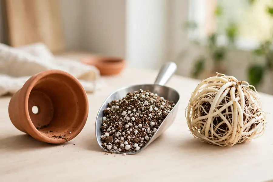 Loose potting mix with perlite and a spider plant root ball with thick pale roots